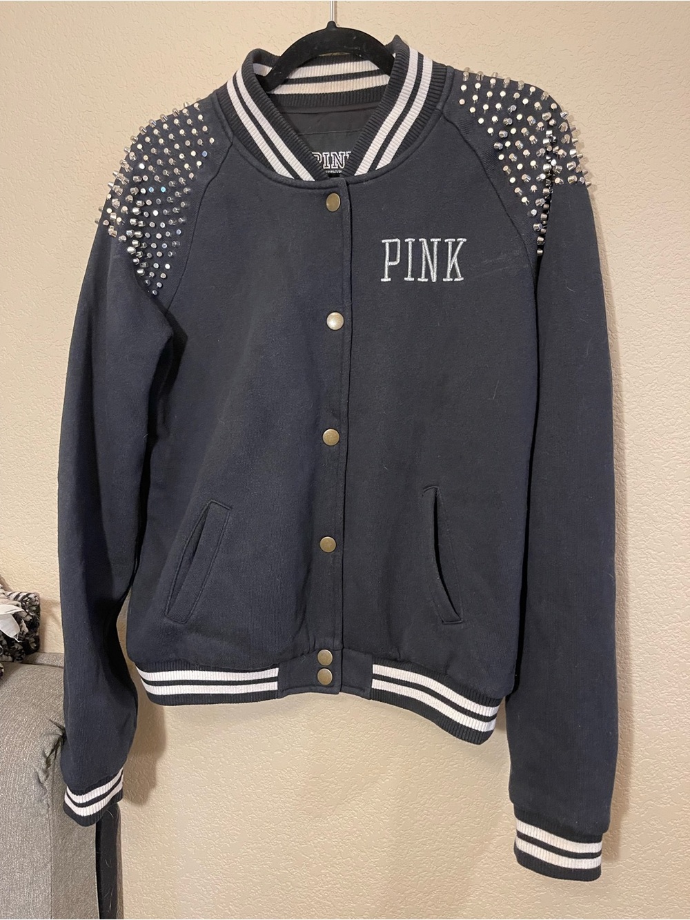 Victoria’s Secret Pink Bomber Varsity Jacket Studded Shoulder Bling